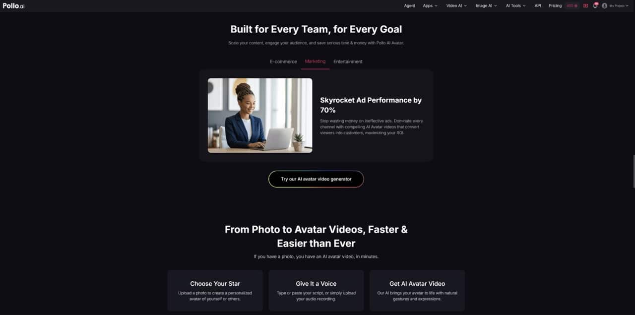 A website homepage displays a woman with braided hair working on a laptop, promoting Pollo AI Avatar video generation tools for creators. The interface highlights boosting ad performance and features three main service options below.