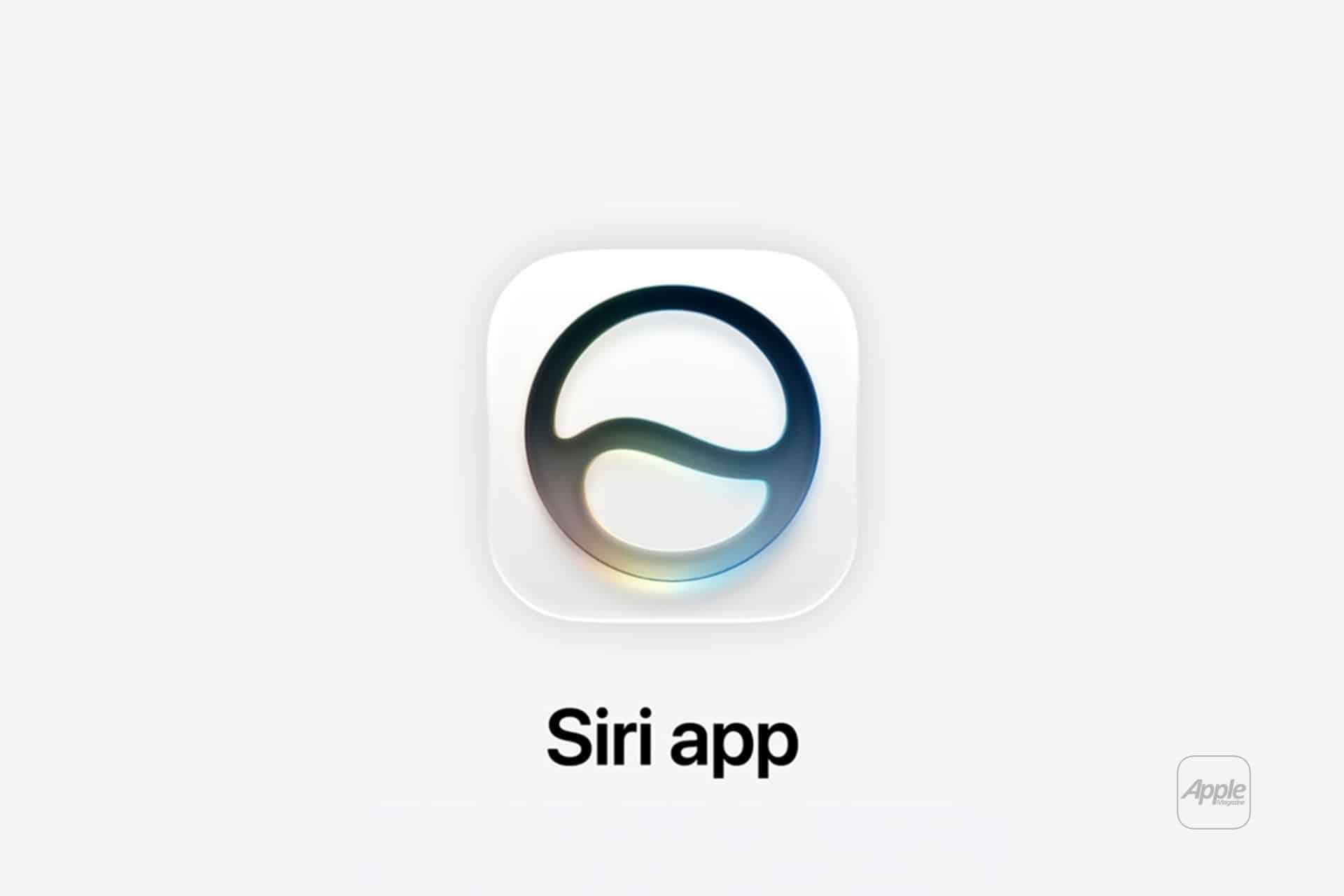 New intelligence experiences - A rounded square icon with a stylized, swirling black and blue shape in the center, labeled "Siri app" below on a light gray background.
