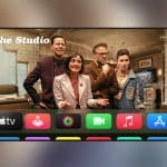 A TV screen displays four people in an office scene labeled "The Studio," with Apple TV 4K and tvOS 27 app icons—including TV, photos, music, and App Store—appearing in a colorful row at the bottom.