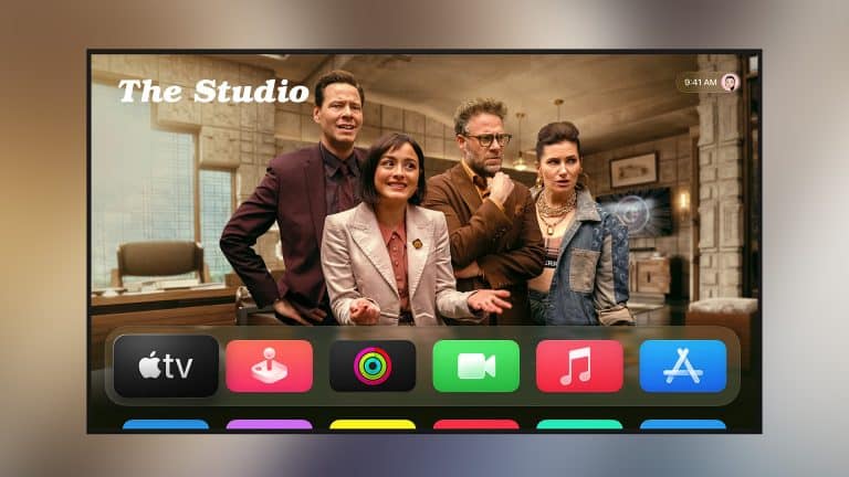 A TV screen displays four people in an office scene labeled "The Studio," with Apple TV 4K and tvOS 27 app icons—including TV, photos, music, and App Store—appearing in a colorful row at the bottom.