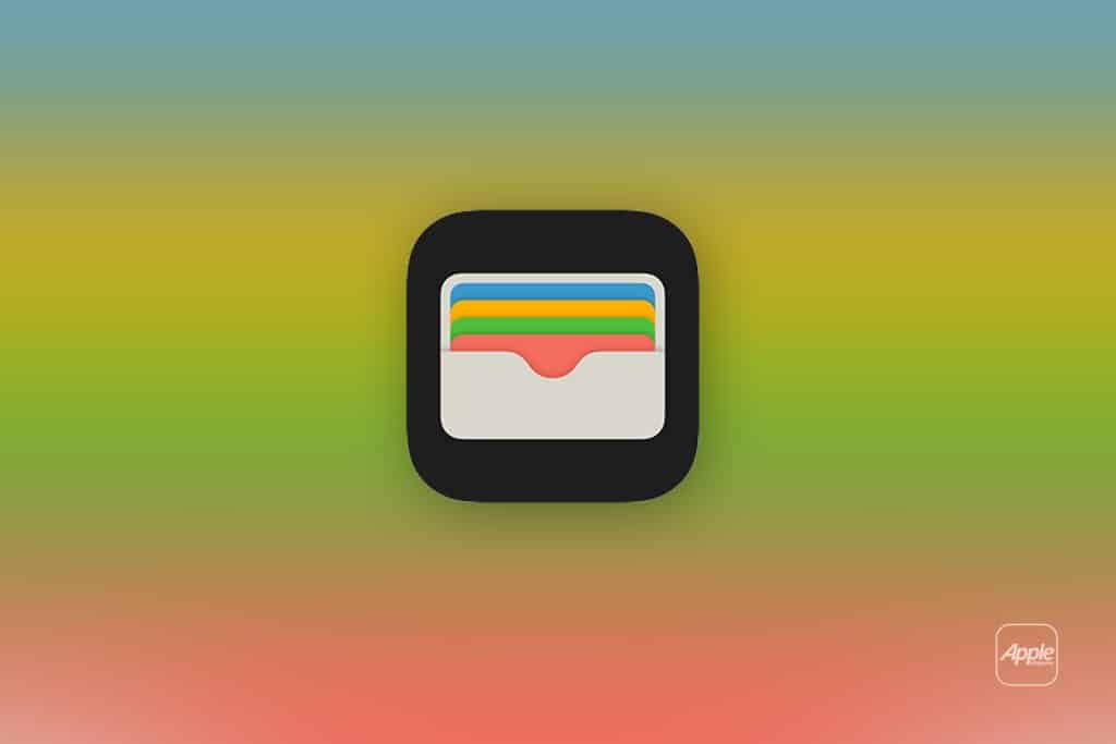The image shows the Apple Wallet app icon, featuring a stylized wallet with colorful cards inside, centered on a blurred gradient background of green, yellow, and red. The Apple logo appears in the bottom right corner, highlighting the iOS 27 design.