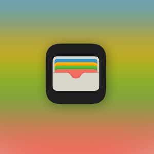 The image shows the Apple Wallet app icon, featuring a stylized wallet with colorful cards inside, centered on a blurred gradient background of green, yellow, and red. The Apple logo appears in the bottom right corner, highlighting the iOS 27 design.
