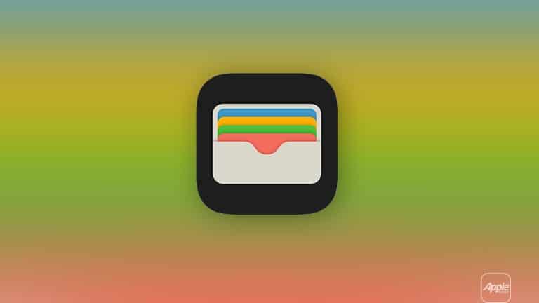 The image shows the Apple Wallet app icon, featuring a stylized wallet with colorful cards inside, centered on a blurred gradient background of green, yellow, and red. The Apple logo appears in the bottom right corner, highlighting the iOS 27 design.