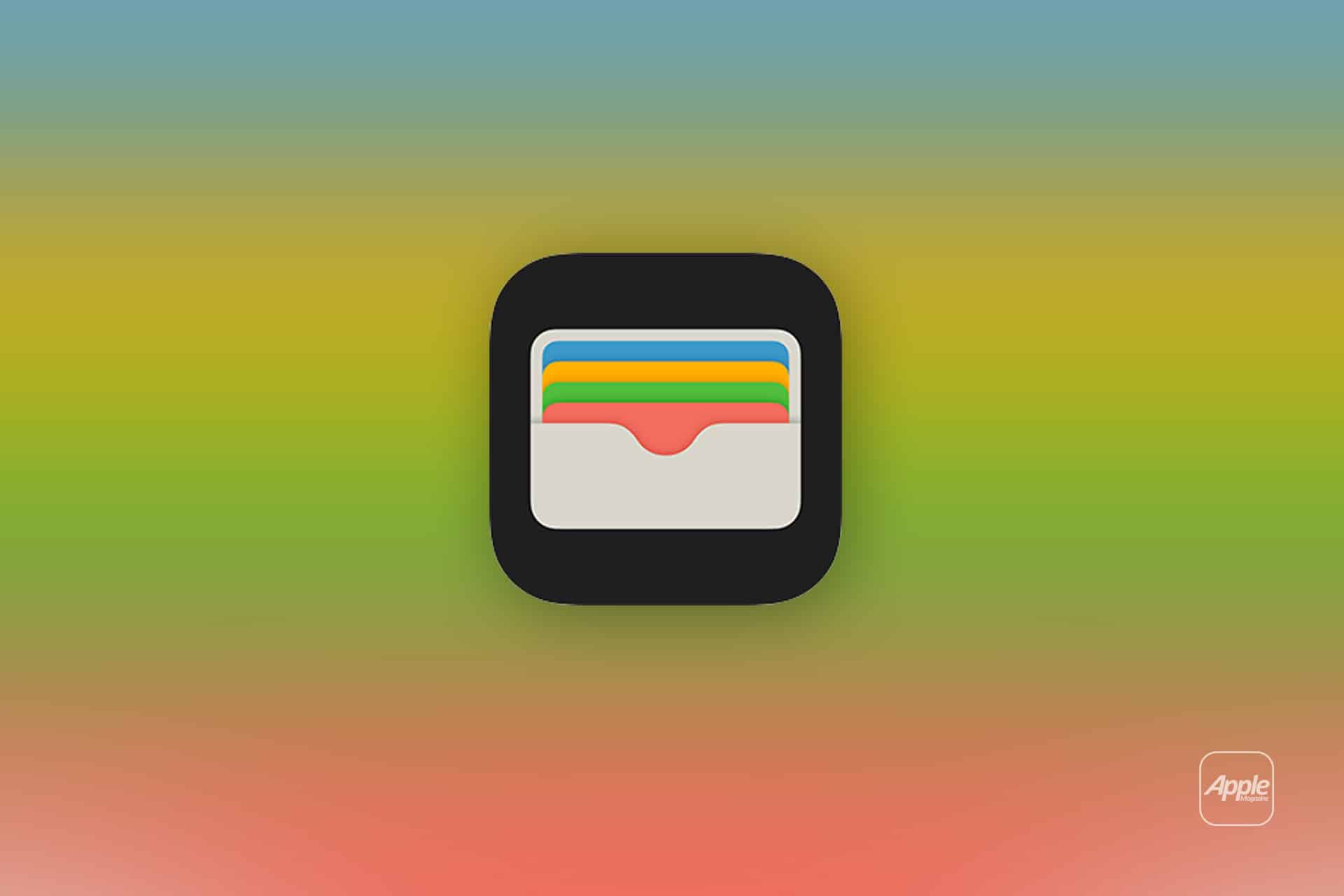 The image shows the Apple Wallet app icon, featuring a stylized wallet with colorful cards inside, centered on a blurred gradient background of green, yellow, and red. The Apple logo appears in the bottom right corner, highlighting the iOS 27 design.