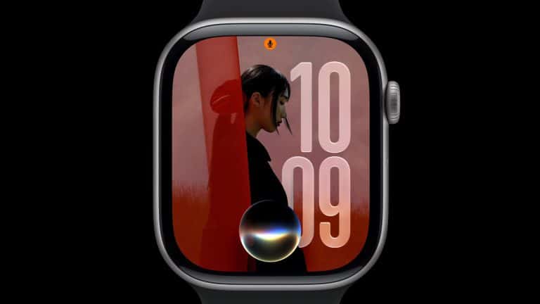 A smartwatch with a black band displays the time as 10:09. Its screen shows a large profile photo, bold numbers, and a circular graphic at the bottom center, possibly representing a voice assistant—showcasing watchOS 27 compatibility.