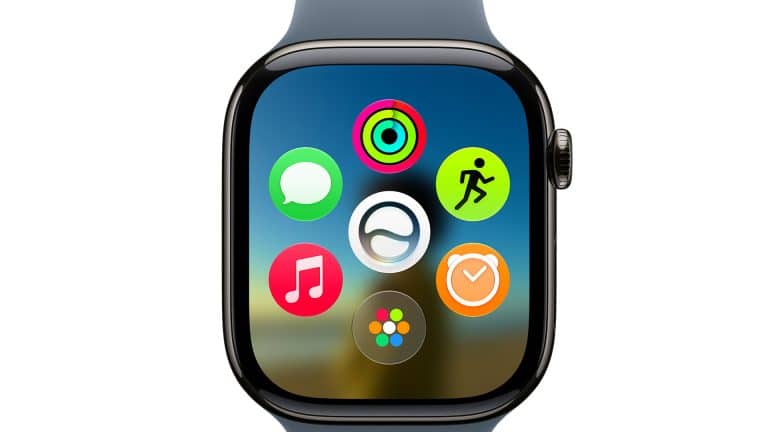 A close-up of a smartwatch screen displaying colorful app icons, including activity rings and music, with a blurred scenic background. The watch features a blue strap and highlights watchOS 27 compatibility.