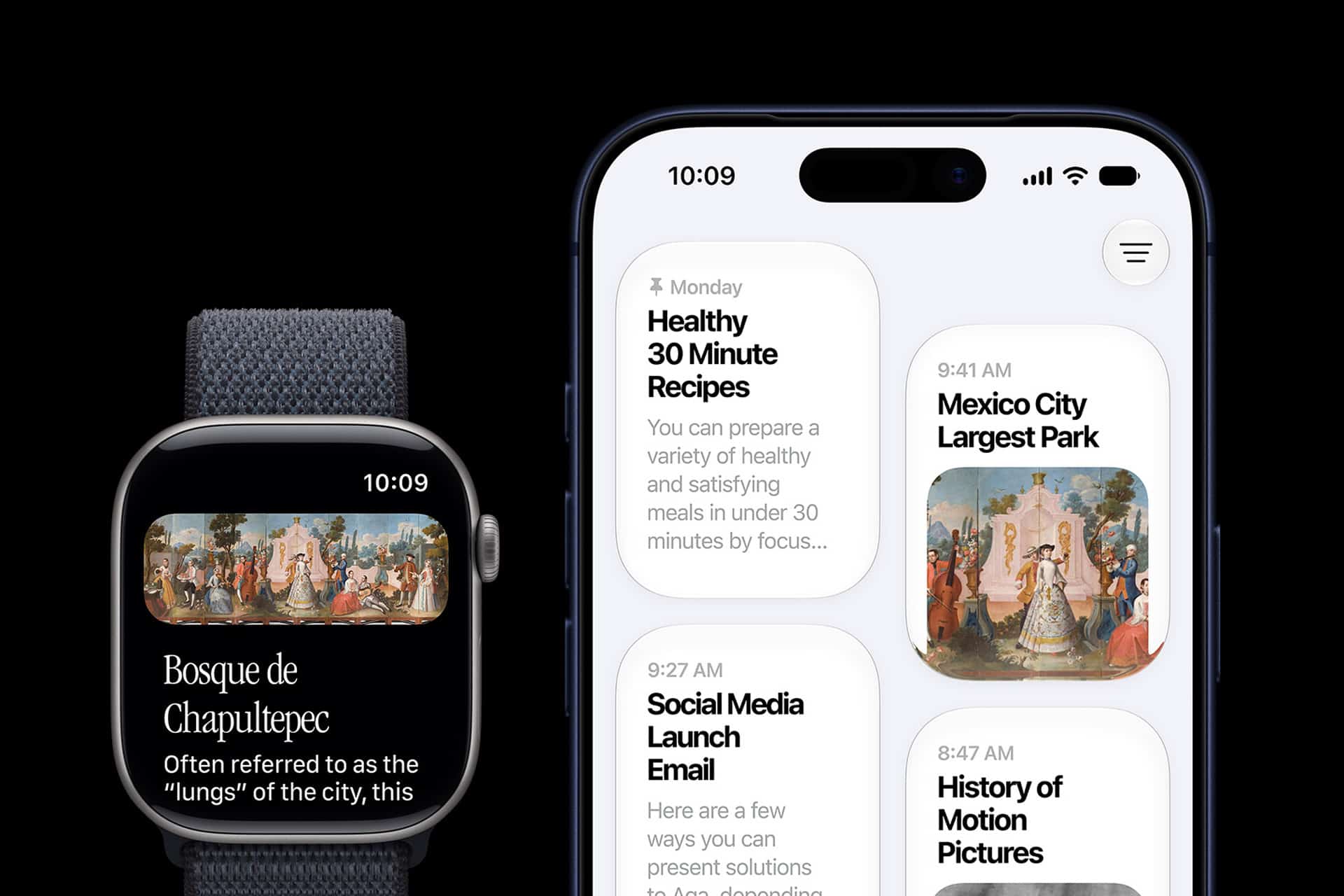 An Apple Watch with watchOS 27 compatibility and an iPhone display similar user interfaces. The watch shows an art image and text about Bosque de Chapultepec, while the phone displays a calendar featuring “Mexico City Largest Park.”.