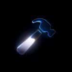 A glowing, stylized hammer icon with a blue outline and white highlight, inspired by Xcode Gemini, is centered on a black background.
