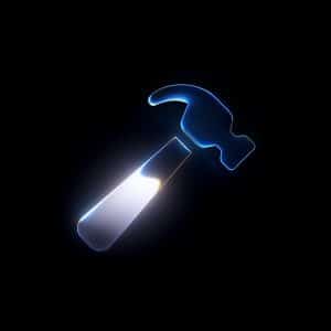 A glowing, stylized hammer icon with a blue outline and white highlight, inspired by Xcode Gemini, is centered on a black background.