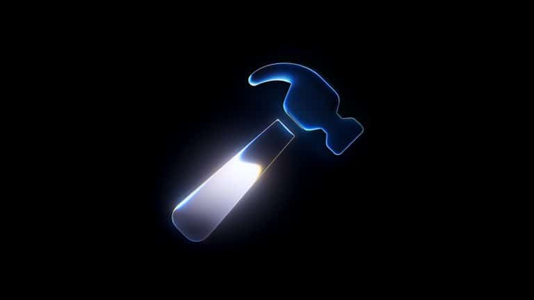 A glowing, stylized hammer icon with a blue outline and white highlight, inspired by Xcode Gemini, is centered on a black background.