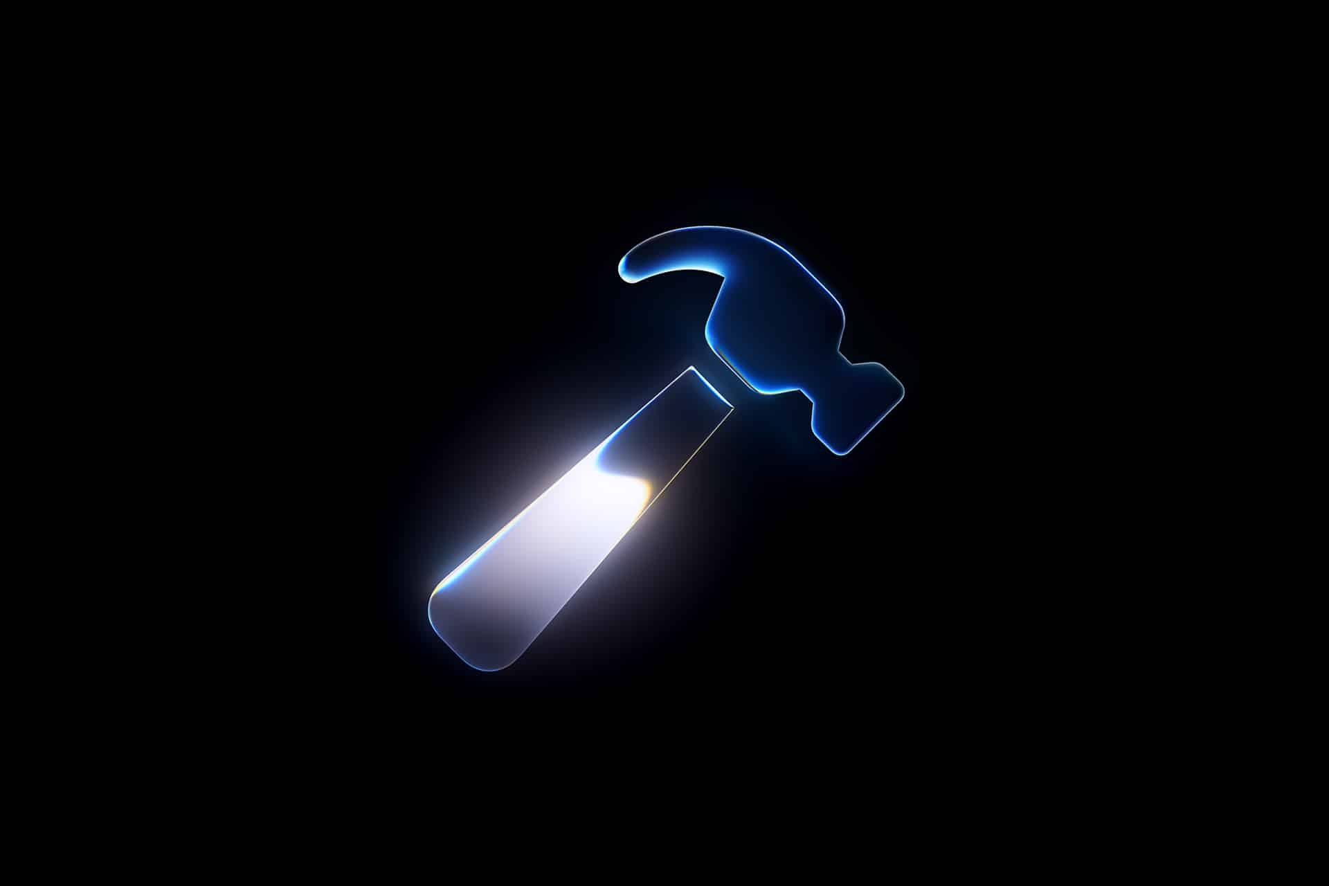 A glowing, stylized hammer icon with a blue outline and white highlight, inspired by Xcode Gemini, is centered on a black background.