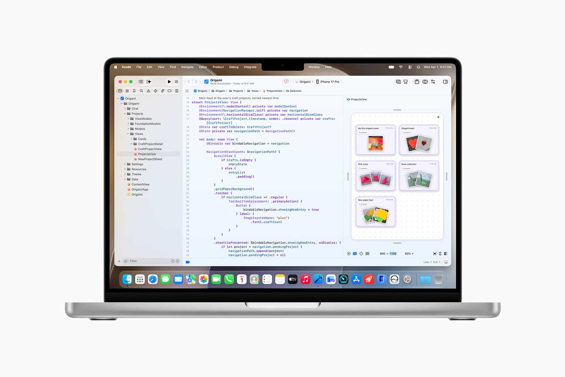 A laptop displays a code editor with Swift code on the left and a user interface preview on the right, running Xcode 26.6. Various app icons line the dock, highlighting tools Apple developers and coding assistants use daily.