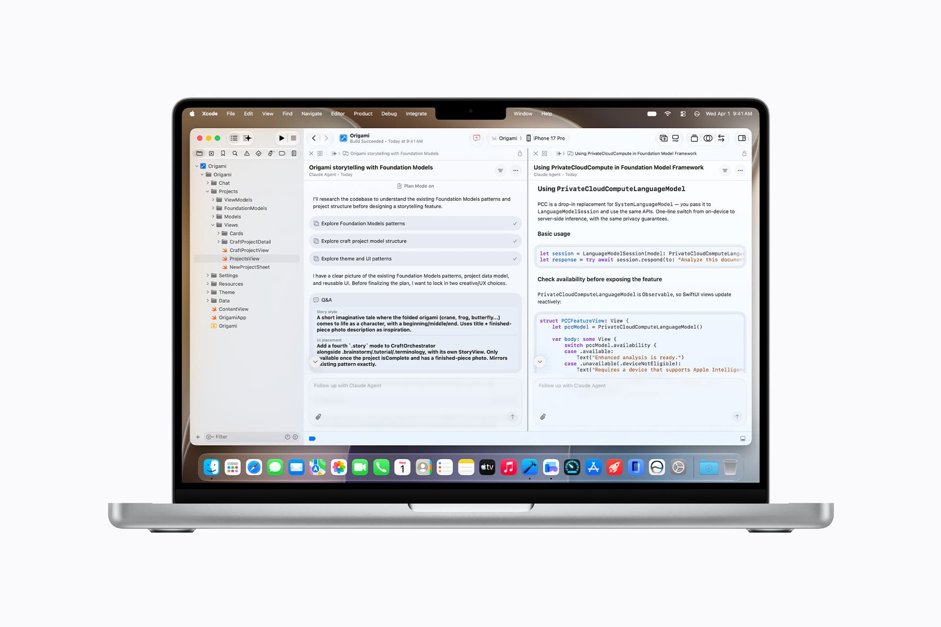 A MacBook laptop displaying a split-screen with an orange sidebar menu on the left and coding-related text and code snippets on the right, showcasing Google Gemini as a smart coding assistant, all set against a plain white background.