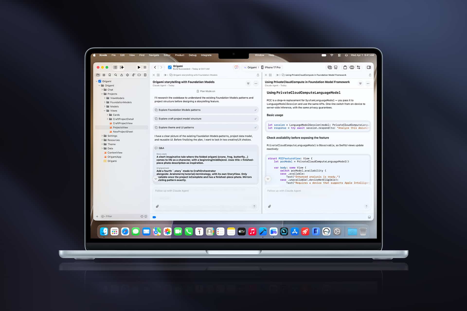 A MacBook laptop displays a split-screen view with Xcode on the left showing a project navigator and a chat application featuring agentic coding and conversation threads on the right. The macOS Dock is visible at the bottom, ideal for Apple developers.