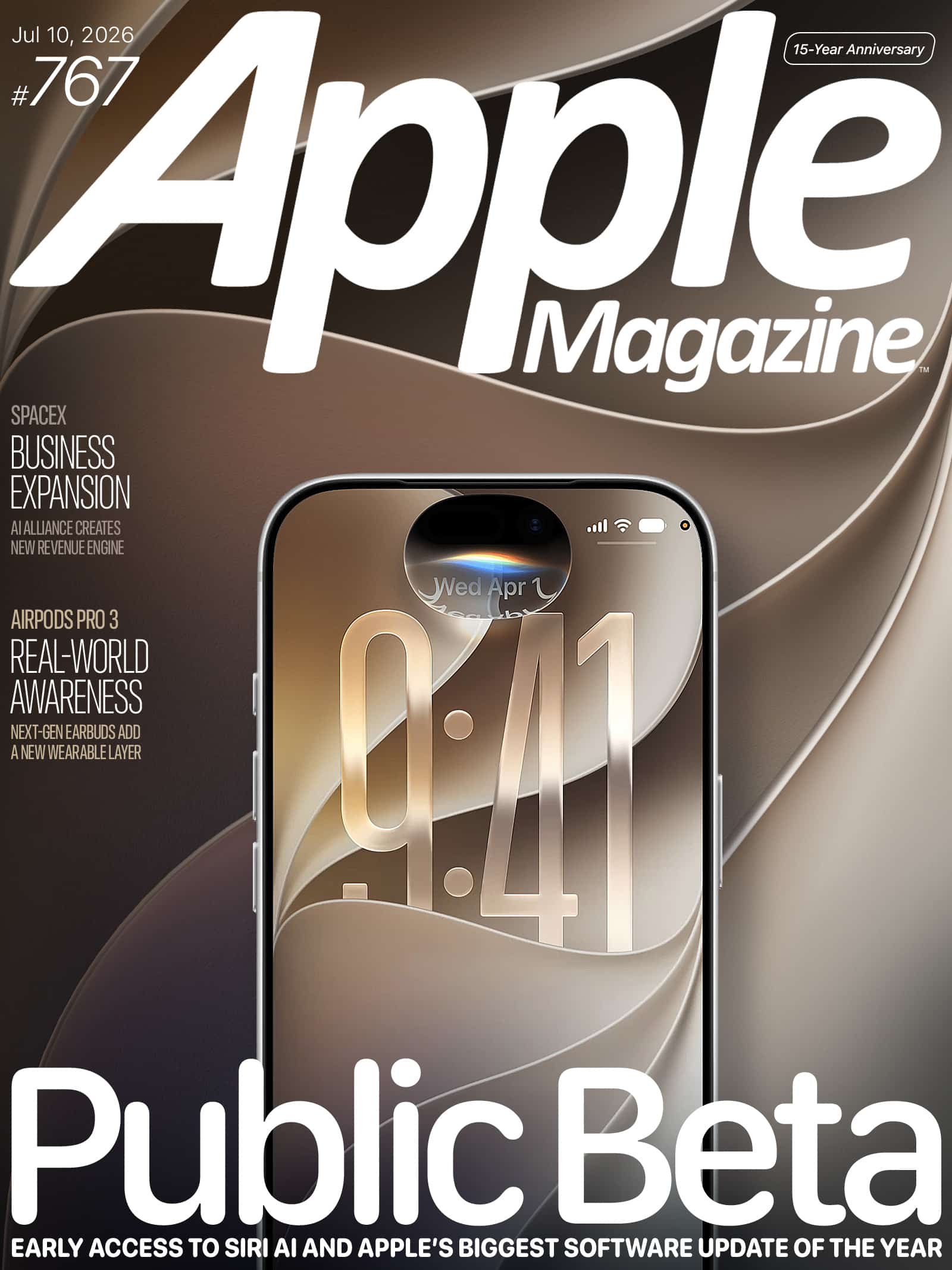 Apple Magazine cover featuring a smartphone displaying 9:41, with headlines about SpaceX business expansion, AirPods Pro 3 news, and Apple’s Siri AI public beta. Issue dated July 10, 2026.