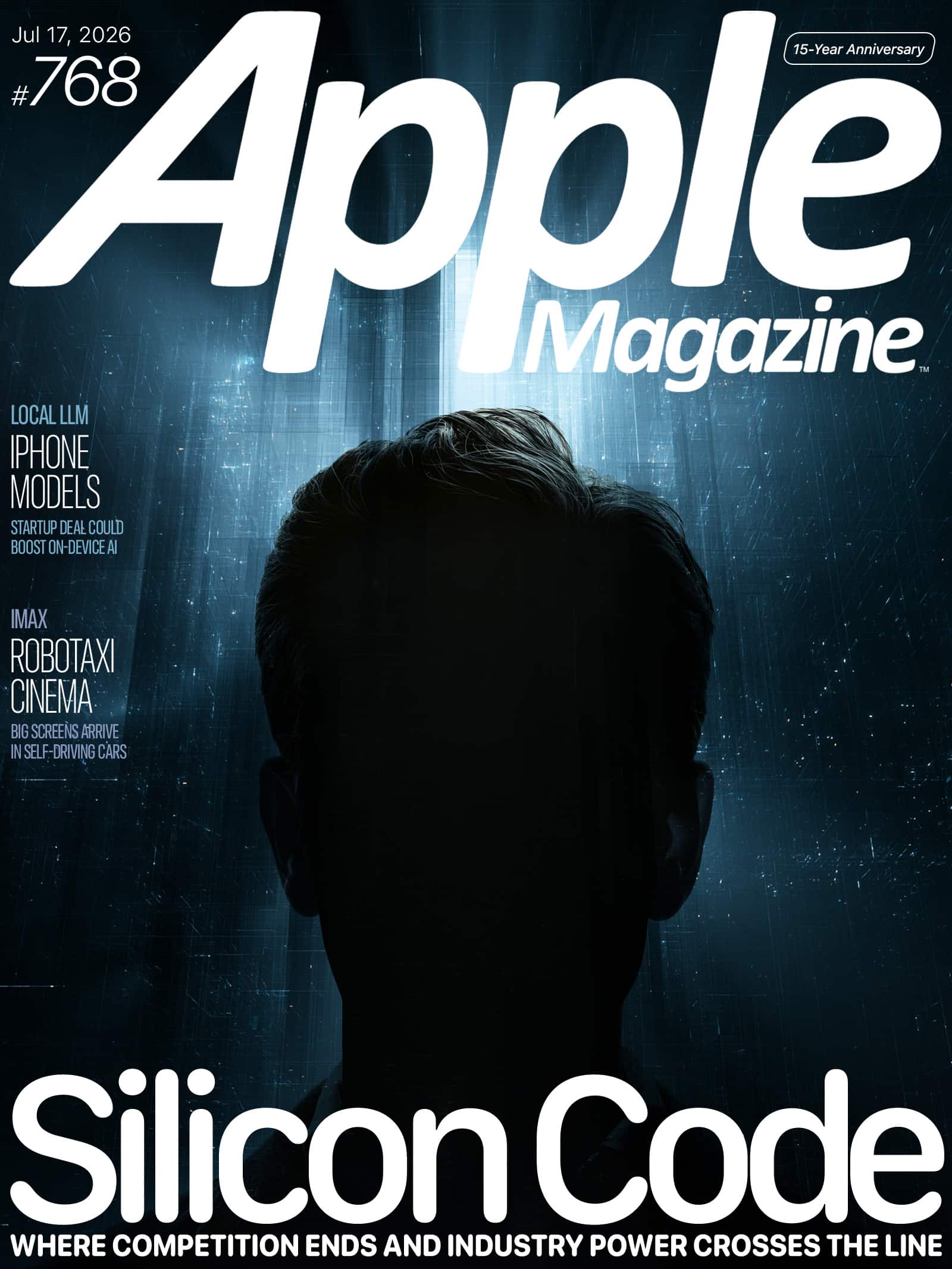 Silhouetted person on the cover of Apple Magazine, issue #768, with headlines about iPhone models, robotaxi cinema, and the “Silicon Code.” Blue digital background emphasizes a tech theme.
