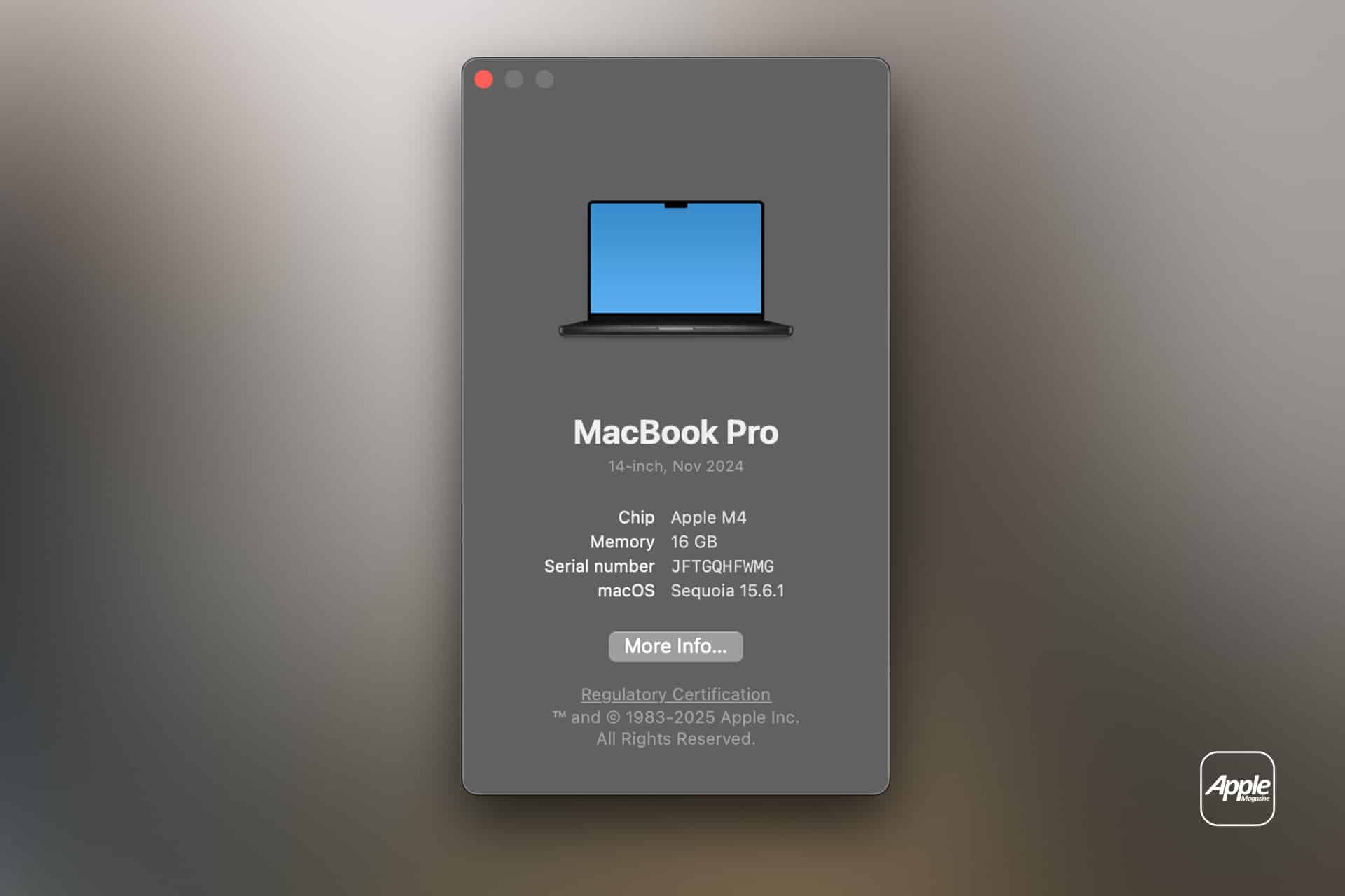 A dialog box shows MacBook Pro specs: 14-inch, Nov 2024, Apple M4 chip, 16 GB memory, serial number, running macOS Sequoia 15.6.1. The Apple logo is in the bottom right corner—ideal for quick Mac troubleshooting or referencing reset NVRAM guides when updating system information.