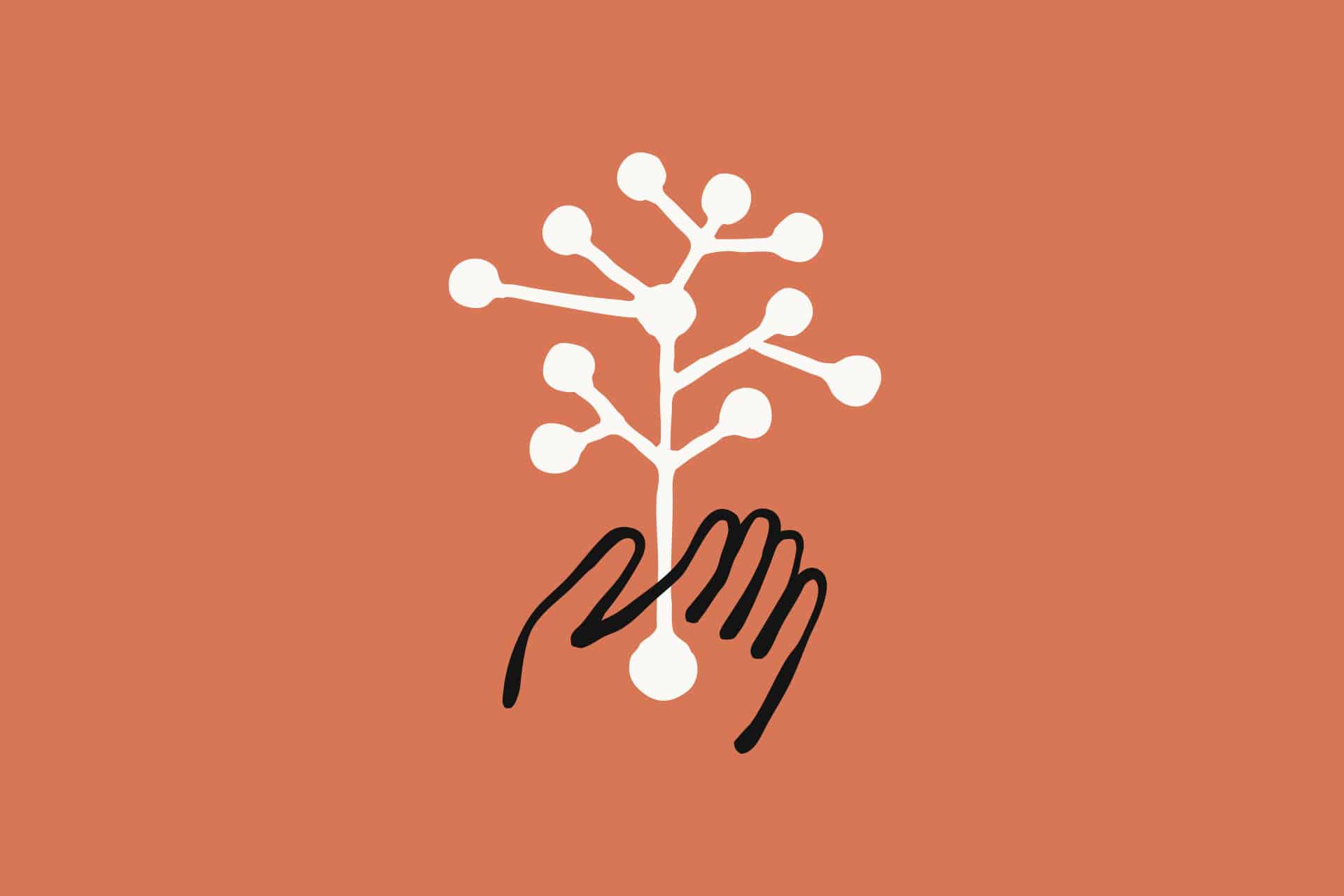 A minimalist illustration of two black hands gently holding a white, abstract tree with circular branches, set against a solid orange background—perfect for a Mac app focused on scientific research or powered by Claude AI.