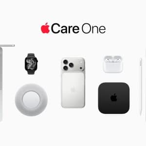Apple devices including a MacBook, Apple Watch, iPhone, AirPods, HomePod, Apple TV, and iPad with Pencil are arranged under the text “AppleCare One” and Apple logo on a white background—highlighting comprehensive protection provided by AppleCare+ and the new AppleCare One expansion.
