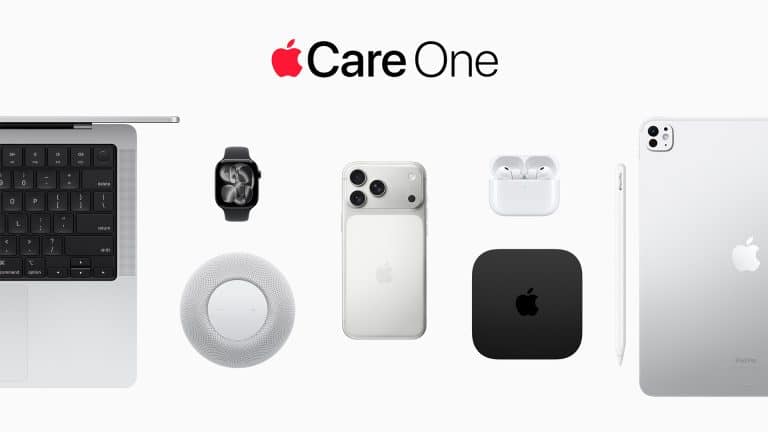 Apple devices including a MacBook, Apple Watch, iPhone, AirPods, HomePod, Apple TV, and iPad with Pencil are arranged under the text “AppleCare One” and Apple logo on a white background—highlighting comprehensive protection provided by AppleCare+ and the new AppleCare One expansion.