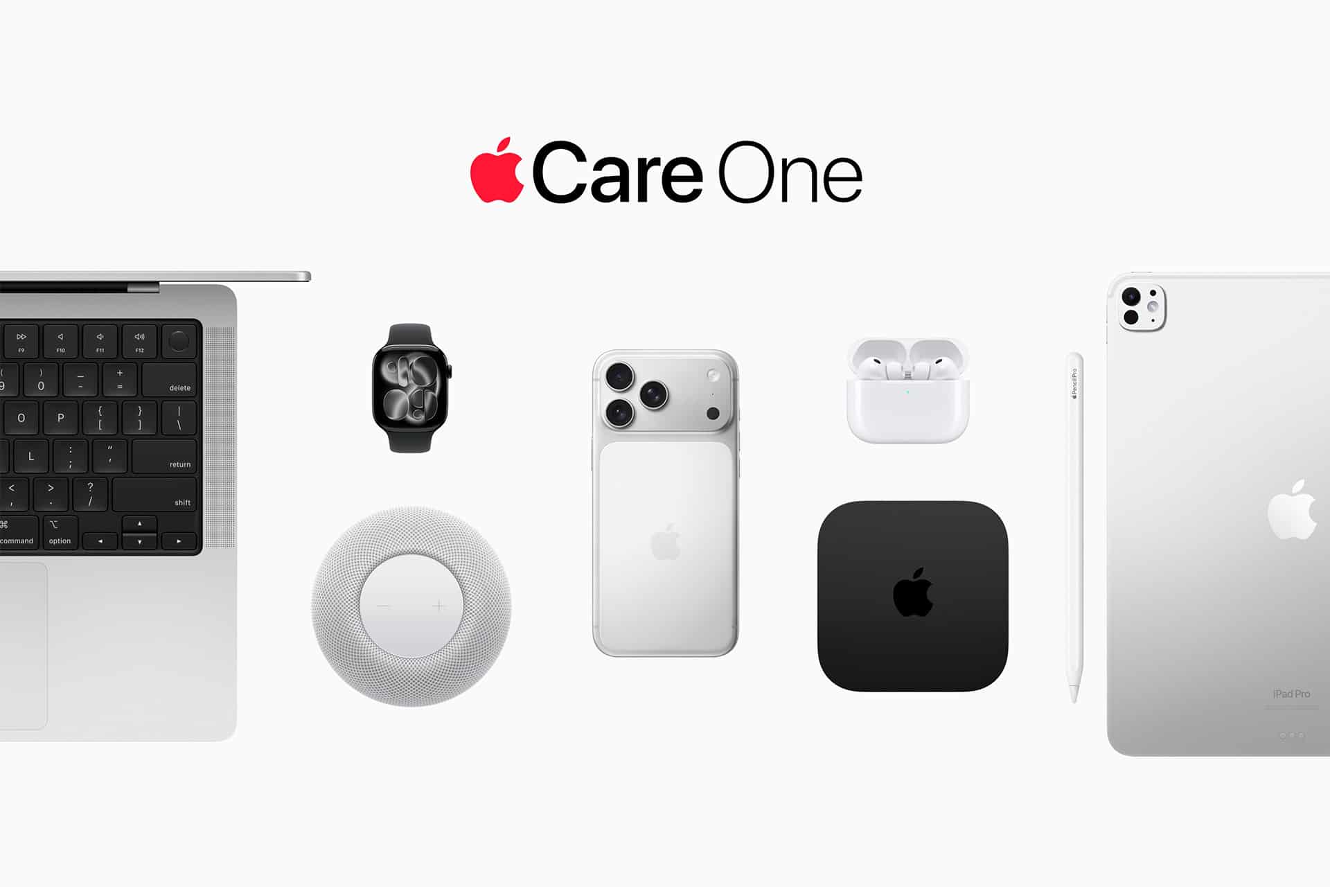 Apple devices including a MacBook, Apple Watch, iPhone, AirPods, HomePod, Apple TV, and iPad with Pencil are arranged under the text “AppleCare One” and Apple logo on a white background—highlighting comprehensive protection provided by AppleCare+ and the new AppleCare One expansion.
