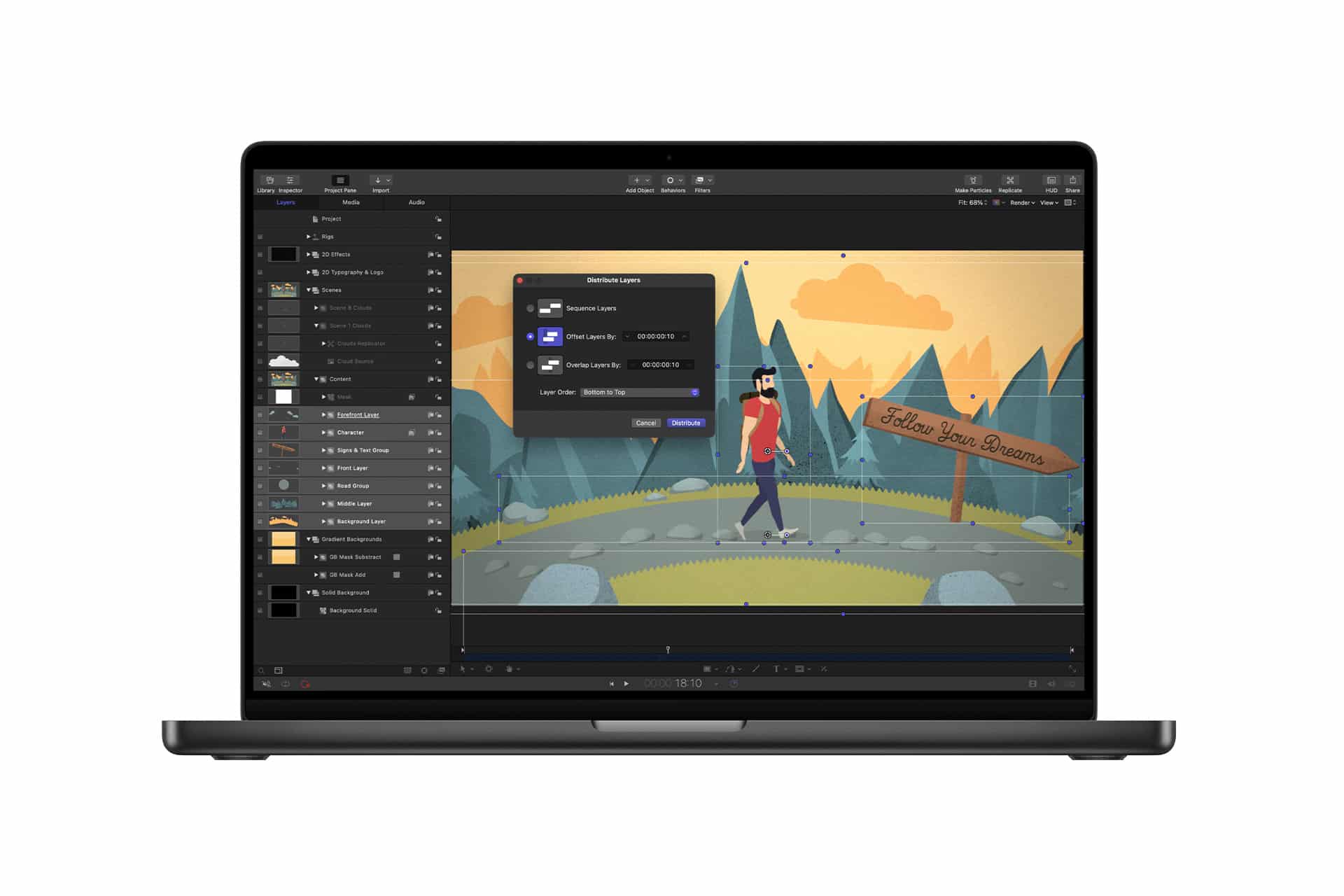 A laptop displays animation editing software, such as Pixelmator Pro, with a project showing a cartoon person walking on a path. The background has mountains, trees, and a sign reading "Follow Your Dreams." An export settings window is open.