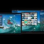 A tablet and a laptop display photo editing software; the tablet shows a surfer on a wave with editing icons, while the laptop runs Pixelmator Pro with a vibrant, ocean-themed interface and photo gallery.