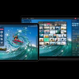 A tablet and a laptop display photo editing software; the tablet shows a surfer on a wave with editing icons, while the laptop runs Pixelmator Pro with a vibrant, ocean-themed interface and photo gallery.