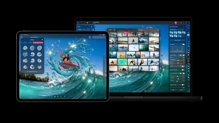 A tablet and a laptop display photo editing software; the tablet shows a surfer on a wave with editing icons, while the laptop runs Pixelmator Pro with a vibrant, ocean-themed interface and photo gallery.