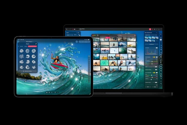 A tablet and a laptop display photo editing software; the tablet shows a surfer on a wave with editing icons, while the laptop runs Pixelmator Pro with a vibrant, ocean-themed interface and photo gallery.