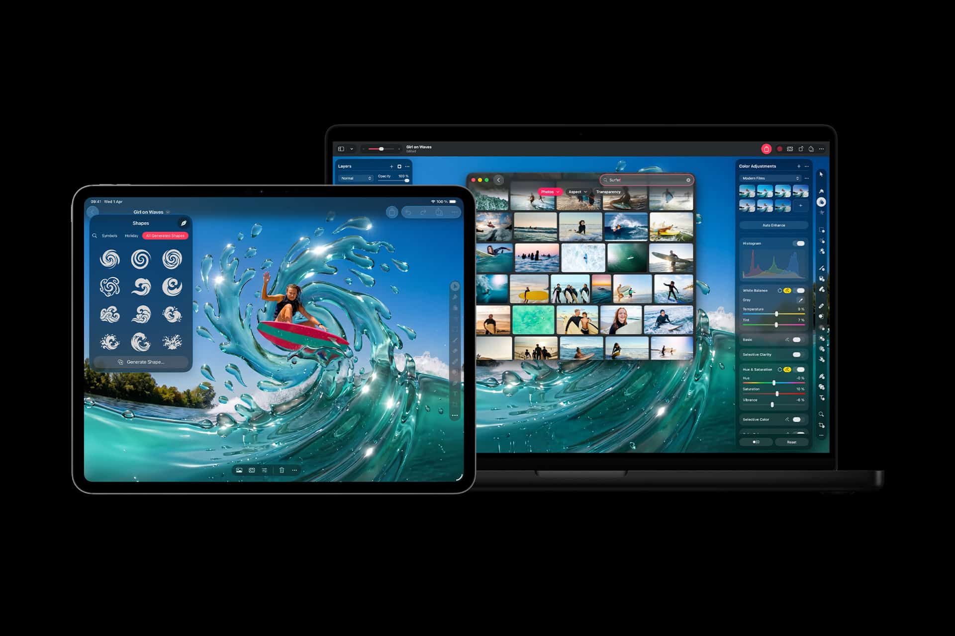 A tablet and a laptop display photo editing software; the tablet shows a surfer on a wave with editing icons, while the laptop runs Pixelmator Pro with a vibrant, ocean-themed interface and photo gallery.