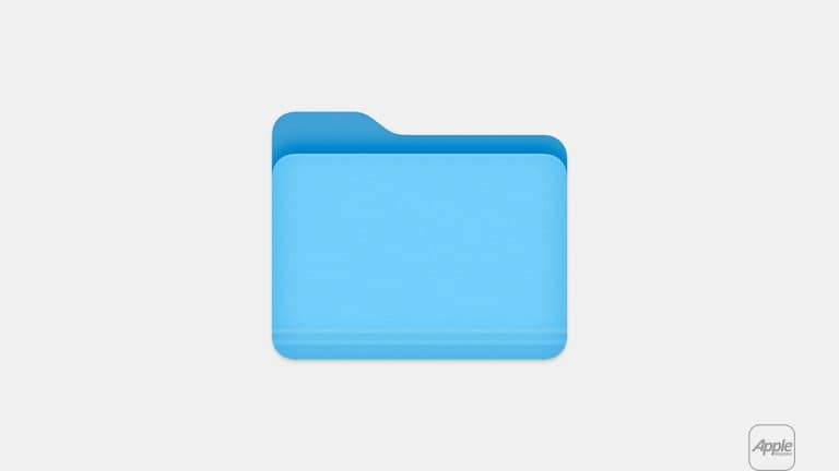 A blue folder icon centered on a light gray background evokes the feel of the Files app, with a small, gray Apple logo and "Apple" text in the lower right corner.