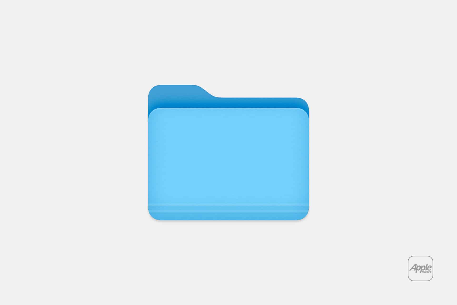 A blue folder icon centered on a light gray background evokes the feel of the Files app, with a small, gray Apple logo and "Apple" text in the lower right corner.
