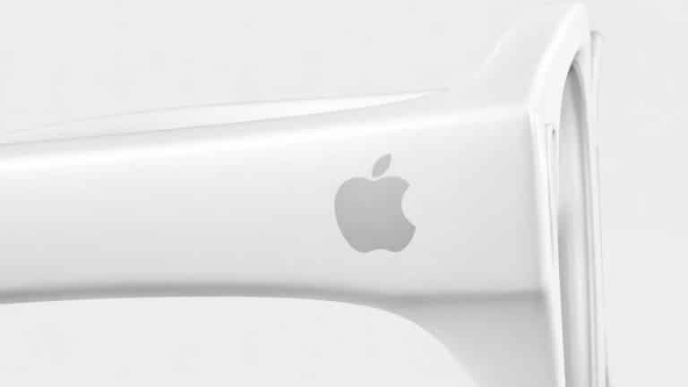 Close-up of the arm of a white pair of Apple Glasses featuring the silver Apple logo against a plain, light background.