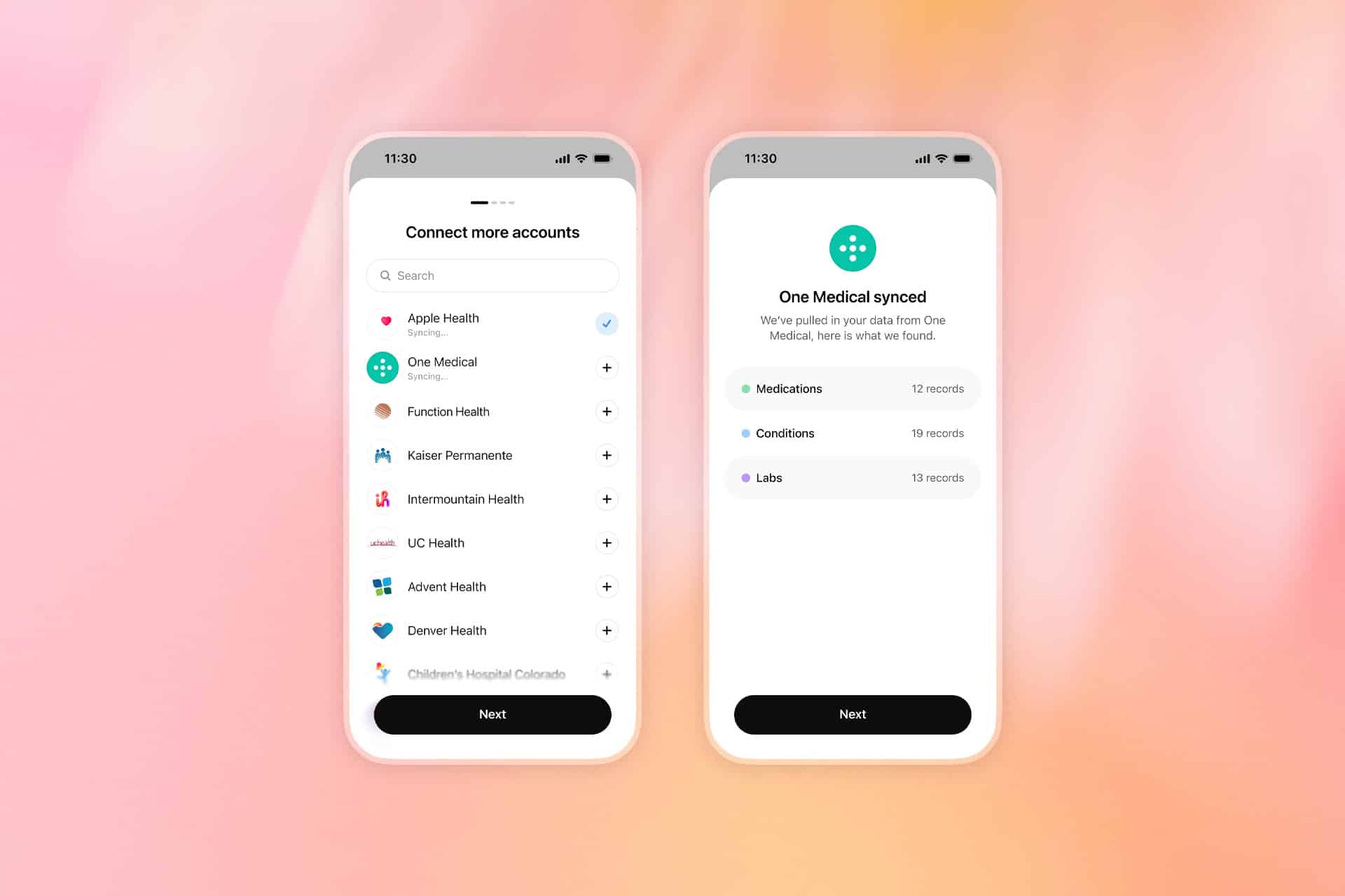 Two smartphone screens show a health app: the left screen lists health providers to connect, including Apple Health, while the right screen confirms "One Medical" synced, displaying counts of Medications, Conditions, and Labs. Both screens have a "Next" button.