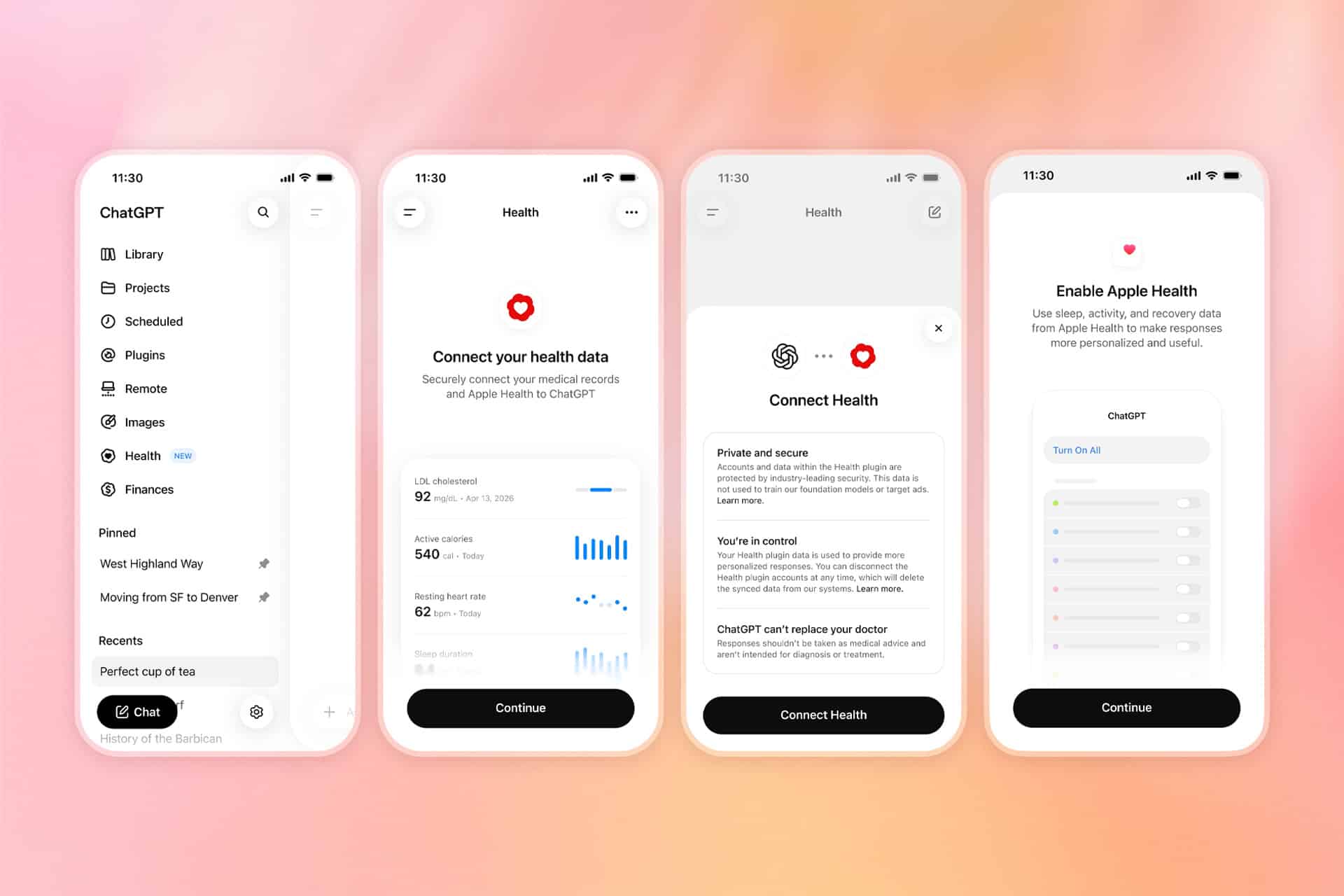 Four smartphone screens show the process of connecting health data to a Health app, displaying menus, health data graphs, privacy info, and Apple Health permissions. Background is a soft pink and orange gradient.