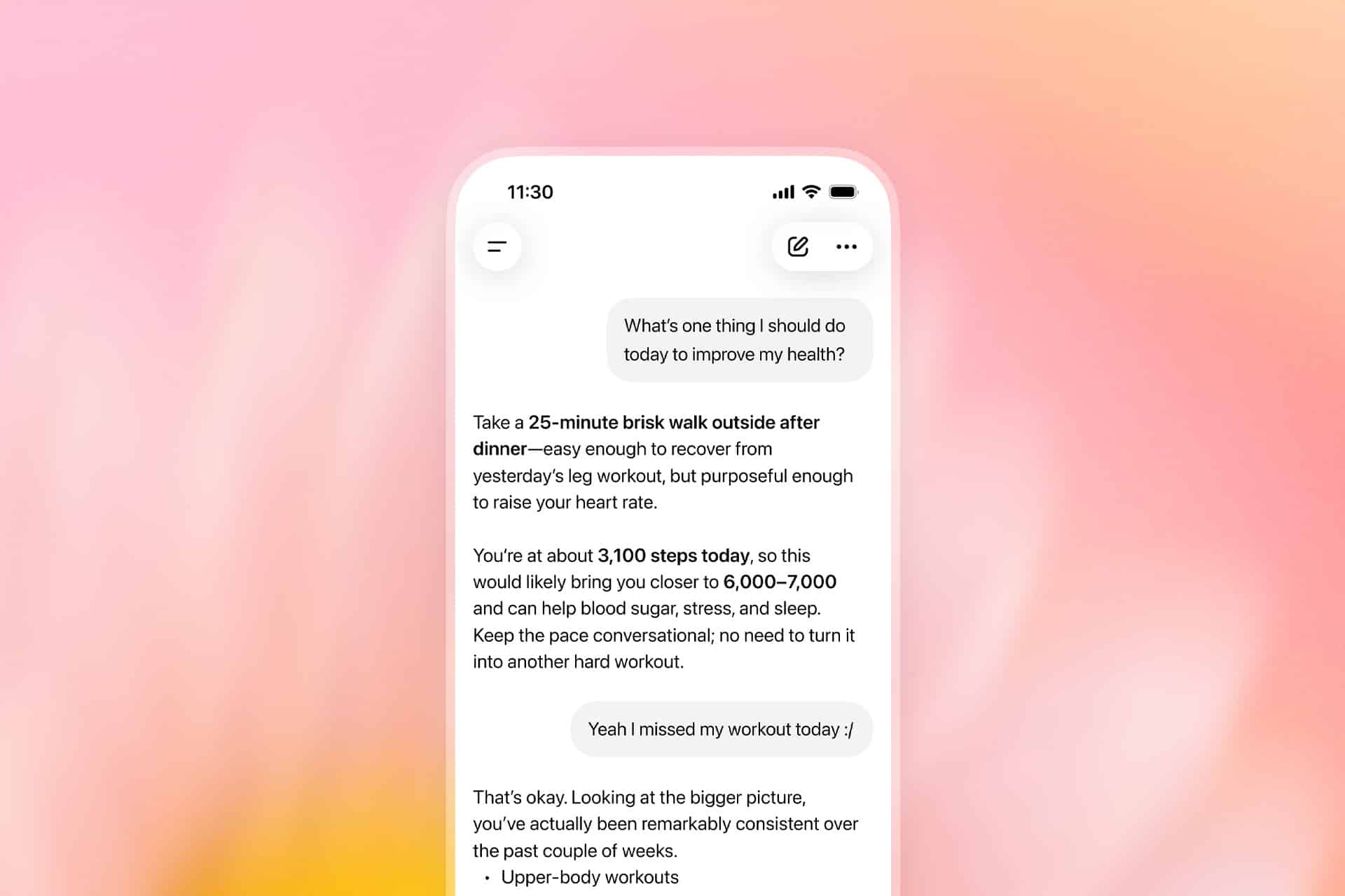 A smartphone screen displays a chat conversation about health, mentioning a 25-minute brisk walk and daily step goals, seamlessly integrated with Apple Health, against a softly blurred pink and yellow background.
