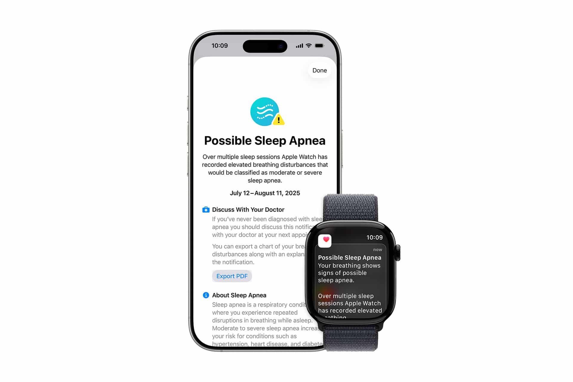 An iPhone and Apple Watch display sleep apnea notifications, warning of possible sleep apnea based on recorded breathing disturbances during sleep. Alongside these notifications, users can also access ECG data for a more comprehensive overview of their heart health.