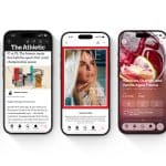 Five smartphones display different apps: a news article with illustrations promoting news education, a sports story, a TIME magazine cover of a woman, a drink recipe with fruits, and a Sudoku puzzle game with numbers and icons.