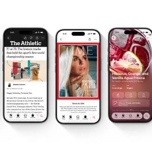 Five smartphones display different apps: a news article with illustrations promoting news education, a sports story, a TIME magazine cover of a woman, a drink recipe with fruits, and a Sudoku puzzle game with numbers and icons.