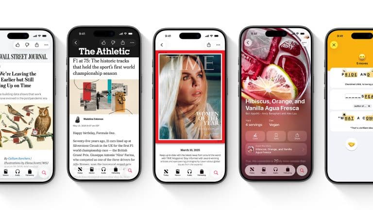 Five smartphones display different apps: a news article with illustrations promoting news education, a sports story, a TIME magazine cover of a woman, a drink recipe with fruits, and a Sudoku puzzle game with numbers and icons.