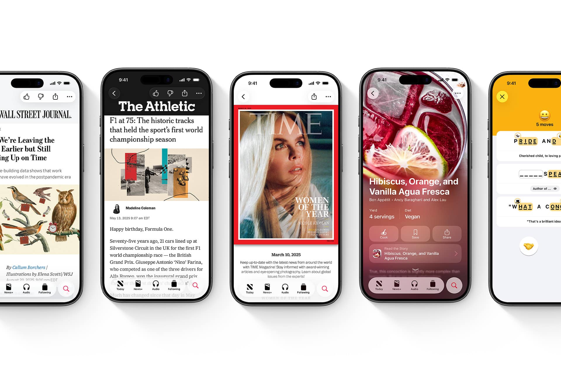 Five smartphones display different apps: a news article with illustrations promoting news education, a sports story, a TIME magazine cover of a woman, a drink recipe with fruits, and a Sudoku puzzle game with numbers and icons.