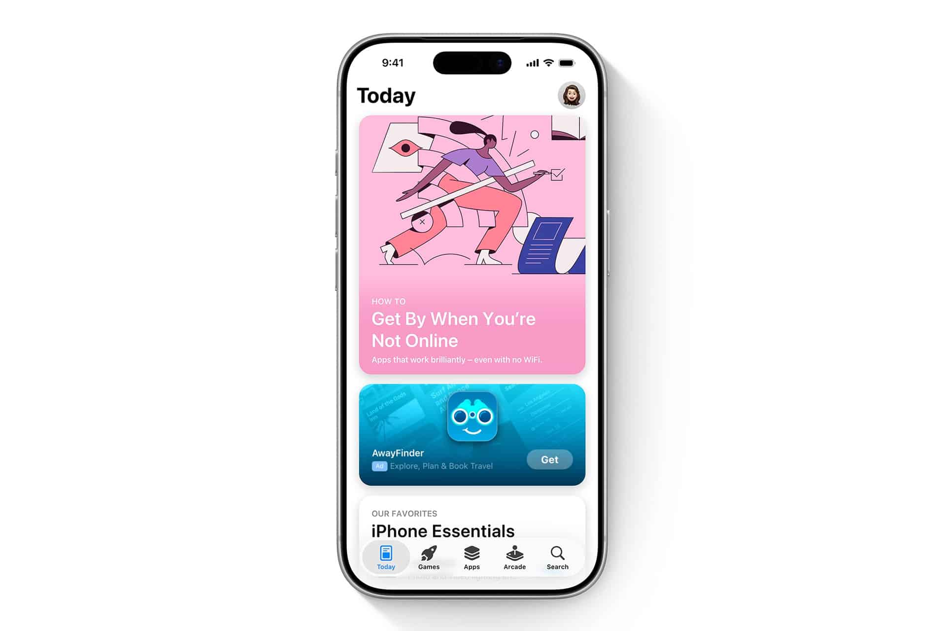 Apple Search Ads - A smartphone screen displays the App Store's Today tab, featuring an illustrated banner about getting by without being online, and a blue AwayFinder app card below it—showcasing smart app marketing strategies that boost app visibility. The time on the phone is 9:41.