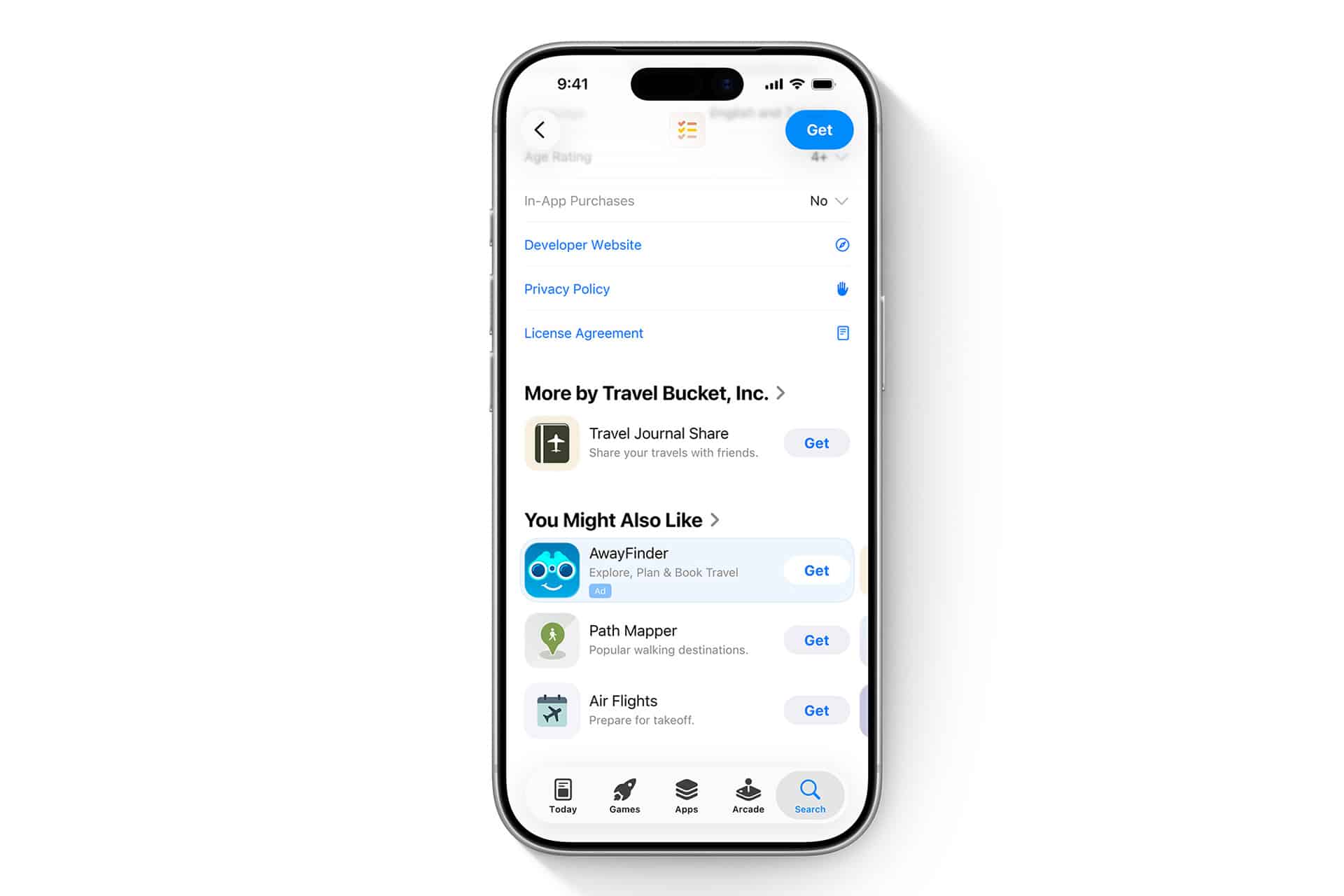 A smartphone screen displays an app store page with links for the developer website, privacy policy, license agreement, and suggested apps like AwayFinder—all enhanced by App Store ads and blue “Get” buttons to boost app marketing.