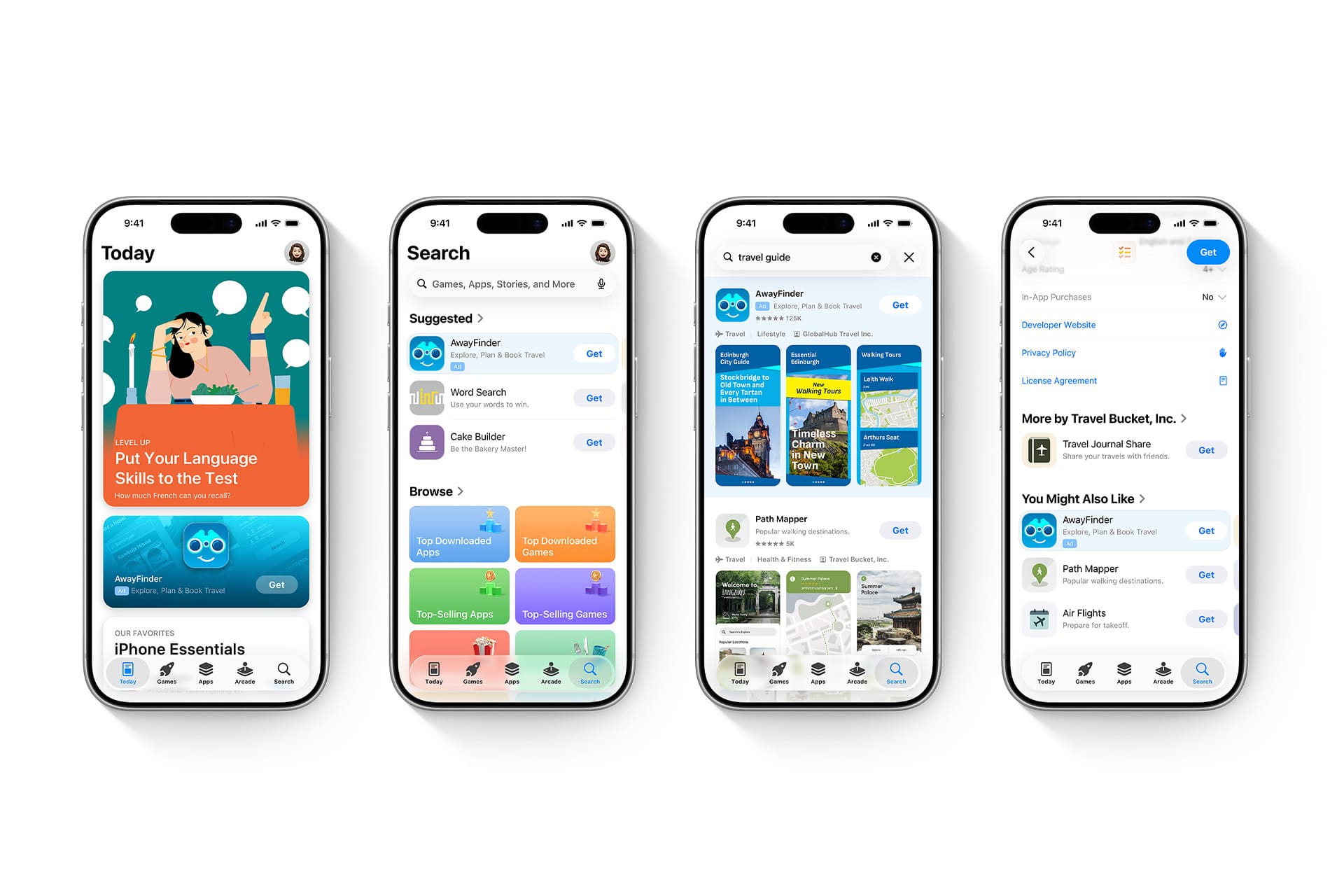 Four iPhones display App Store discovery in action: Today’s featured section, search results, a travel guide app page, and related app suggestions—all showcasing vibrant icons and app details on a crisp white background.