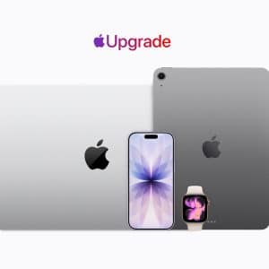 Four Apple devices—a MacBook, iPad, iPhone, and Apple Watch—are displayed with the word "Upgrade" and the Apple logo above them on a white background, highlighting the convenience of Apple Upgrade programs and flexible options like device leasing or Klarna lease.