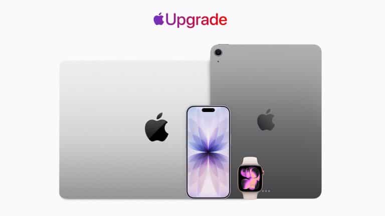 Four Apple devices—a MacBook, iPad, iPhone, and Apple Watch—are displayed with the word "Upgrade" and the Apple logo above them on a white background, highlighting the convenience of Apple Upgrade programs and flexible options like device leasing or Klarna lease.