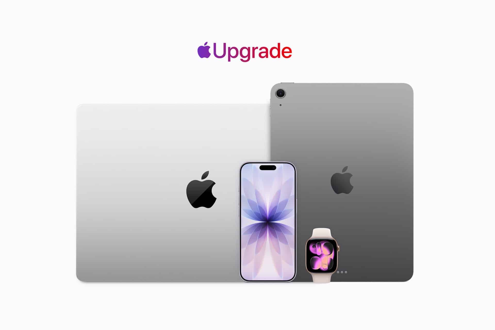 Four Apple devices—a MacBook, iPad, iPhone, and Apple Watch—are displayed with the word "Upgrade" and the Apple logo above them on a white background, highlighting the convenience of Apple Upgrade programs and flexible options like device leasing or Klarna lease.