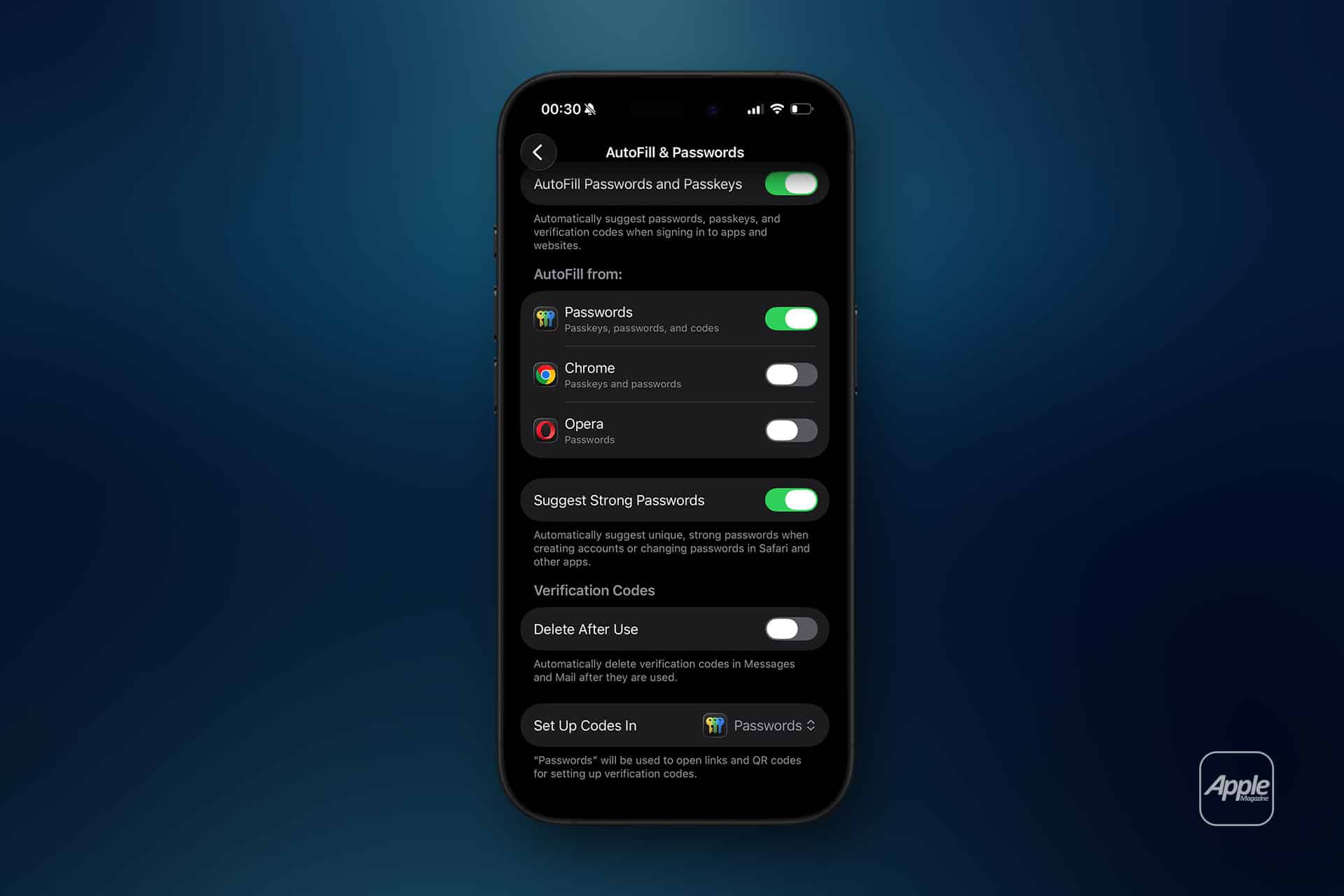A smartphone screen displays the Autofill & Passwords settings, showing toggles for autofill options like Passwords, Chrome, Opera, and features such as Mail verification codes and SMS passcodes for easy verification-code autofill.