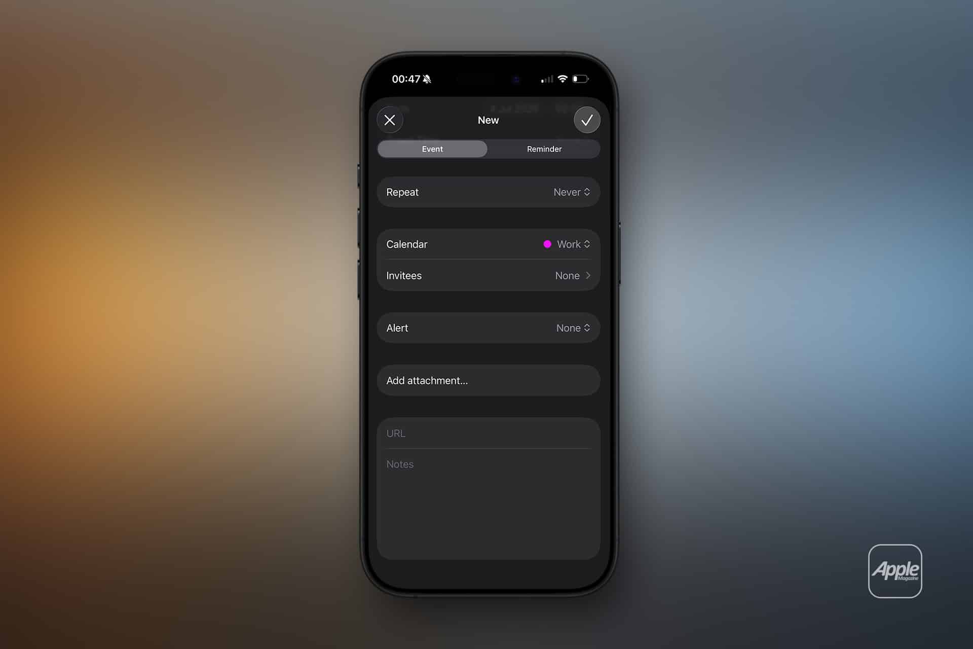 A smartphone displays a dark-themed event creation screen from a calendar app, with fields for repeat, iCloud Calendar, invites, alert, calendar attachments, URL, and notes. The background features a blurred gradient.